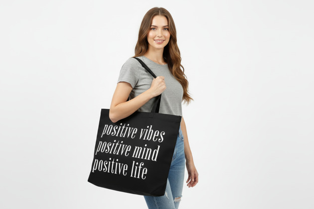 torby na zakupy Bardzo duża bawełniana torba czarna z afirmacją POSITIVE VIBES MIND LIFE