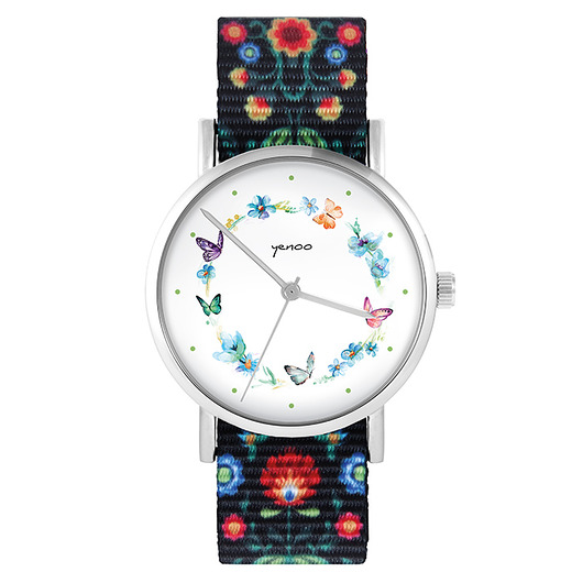 zegarki damskie Zegarek - Kolorowy wianek - folk czarny, nato