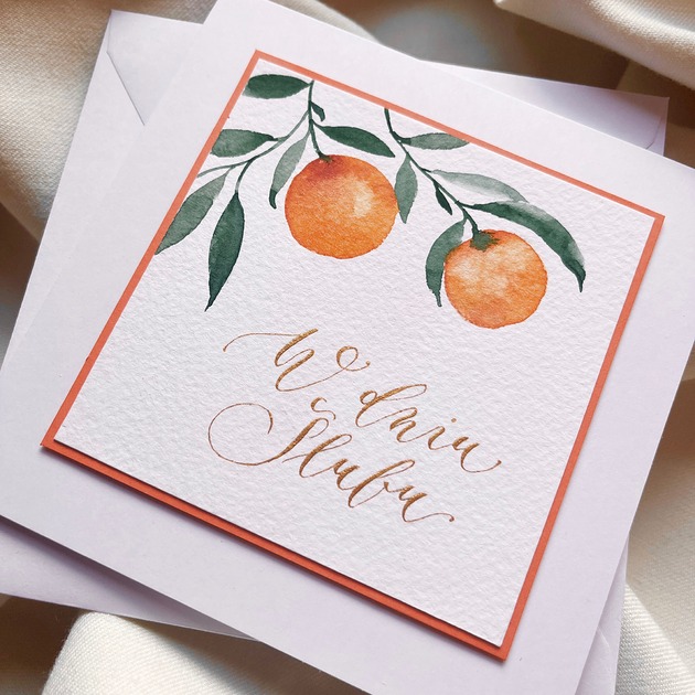 kartki scrapbooking Kartka ślubna ręcznie malowana i kaligrafowana z pomarańczami