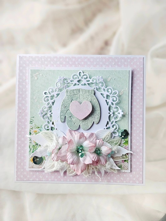 kartki scrapbooking Kartka z rękawiczkami i sercem na walentynki