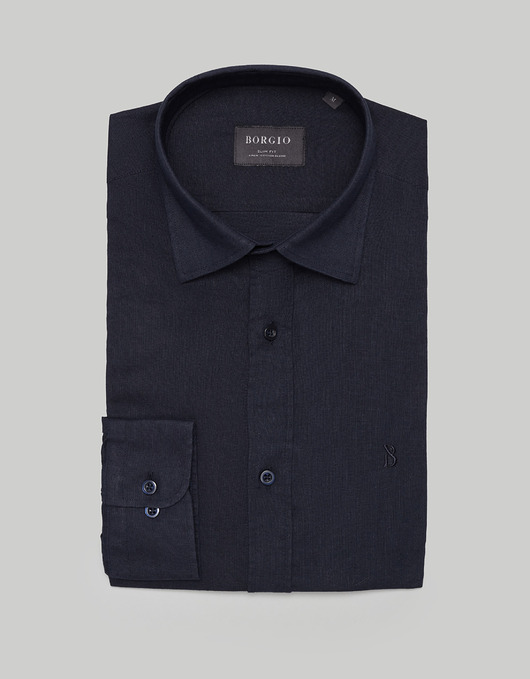koszule męskie Lniana koszula lentane 00477 długi rękaw granatowy slim fit
