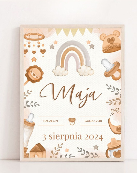 obrazy i plakaty do pokoju dziecięcego Pamiątka narodzin prezent plakat metryczka dziecka boho