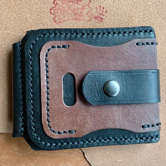 portfele damskie Czarno-brązowy portfel ze skóry ręcznie uszyty zapinany na klips.
