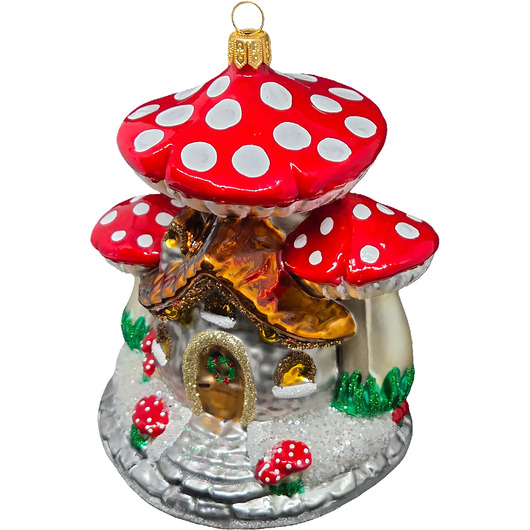 bombki Ręcznie malowana bombka szklana domek pod czerwonymi muchomorami