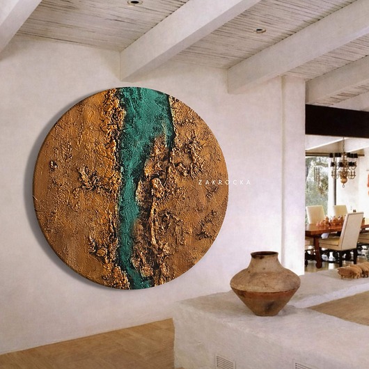 obrazy Obrazy okrągłe z wyraznym reliefem złoto szmaragd model 120326