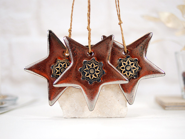 ozdoby choinkowe 3 złote ceramiczne ozdoby choinkowe - gwiazdy