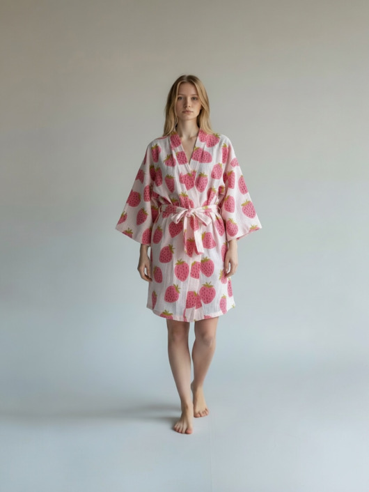 szlafroki damskie Szlafrok narzutka kimono w truskawki