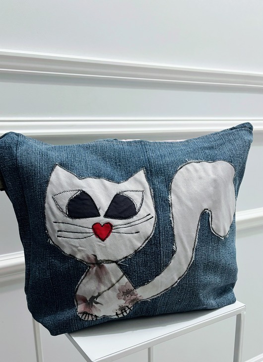 torby na ramię Jeansowa Torba z kotem  na ramie patchwork  torba jeansowa torebka jeans