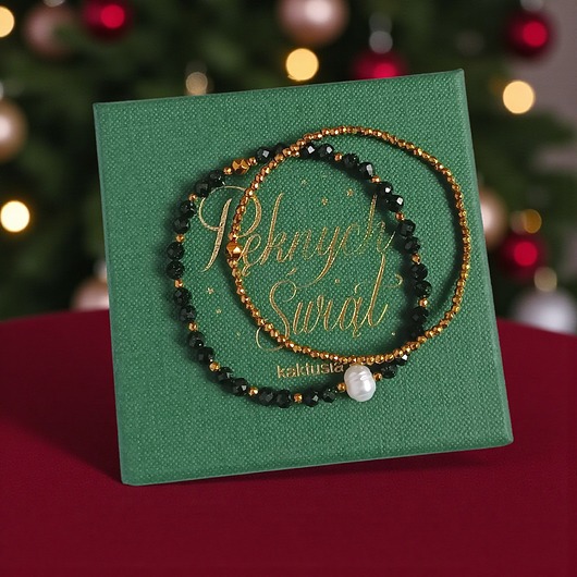 bransoletki z kamieni naturalnych WYSYŁKA 24h : Świąteczny zestaw bransoletek : ciemna zieleń, złoto, perła