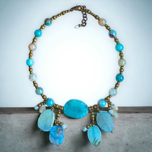 kolie UNIKATOWY naszyjnik & kolczyki : agat aqua : stare złoto