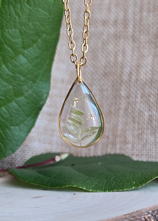 wisiory Złoty wisiorek prawdziwe kwiaty zawieszka łezka łza zielone listki