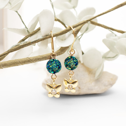 kolczyki pozłacane Kolczyki Motylki druzy złote.