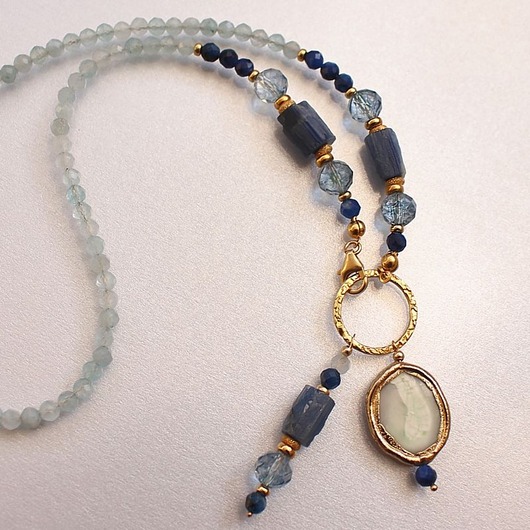 złote naszyjniki UNIKAT! Swoboda Ekspresji - kyanit, topaz, perła słodkowodna, akwamaryn