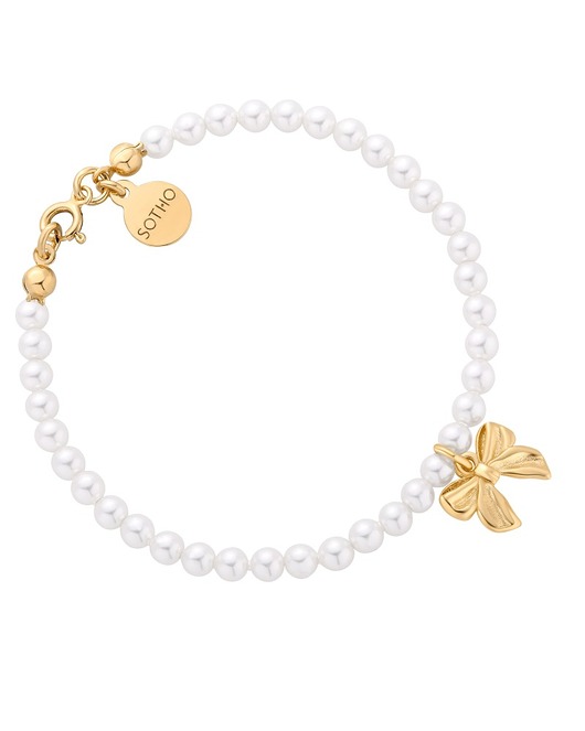 bransoletki złote Złota bransoletka z białych pereł SWAROVSKI CRYSTAL z kokardką