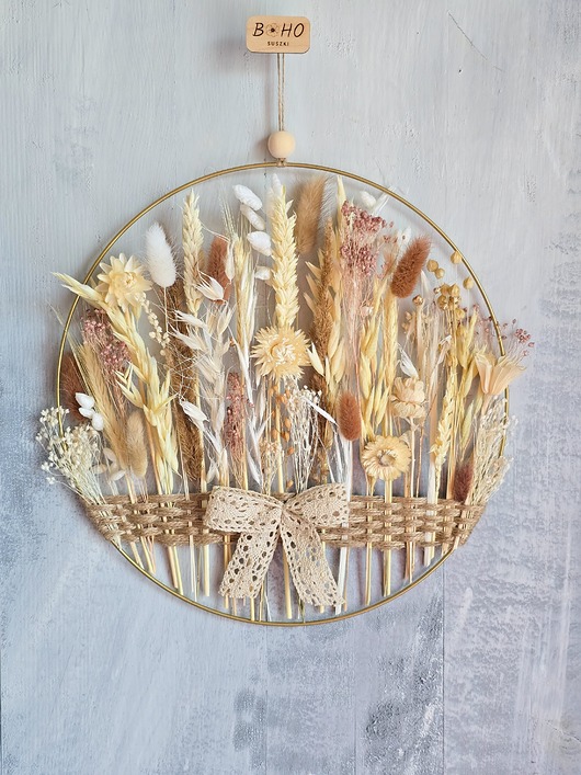 Ozdoby na ścianę Boho dekoracja na ścianę do salonu i sypialni - obręcz z suszonymi kwiatami