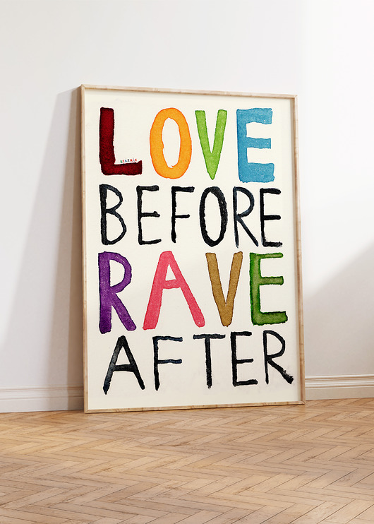 plakaty Plakat typograficzny LOVE BEFORE RAVE AFTER grafika techno miłość walentynki
