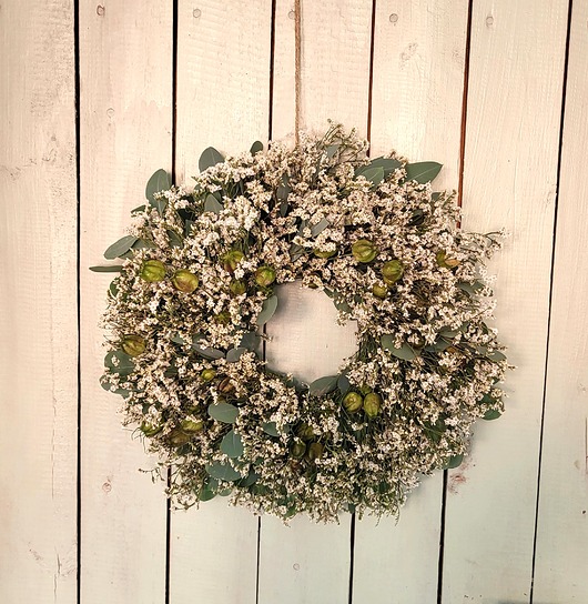 wianki Duży wianek z eukaliptusem i limonium, naturalny dekor boho