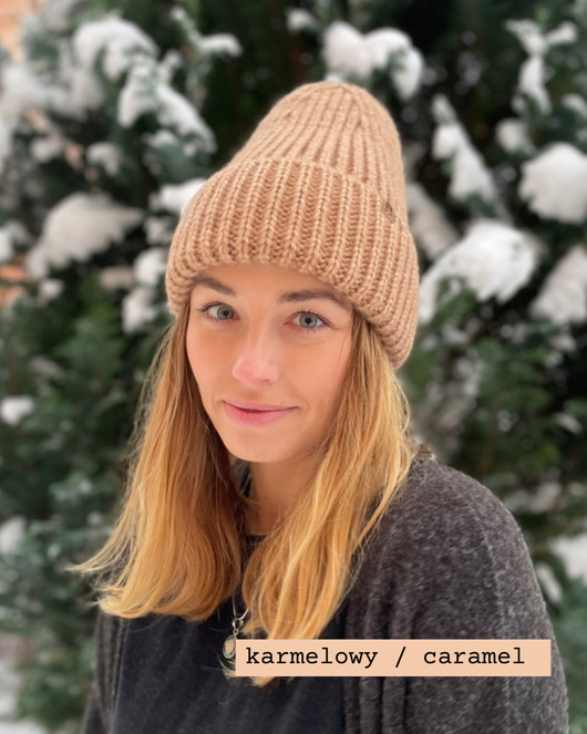 czapki damskie SOWA - duża puchata wełniana eko czapka- karmel