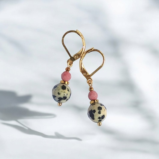 kolczyki z kamieniami Jaspis dalmatyński i rodonit : kolczyki krótkie