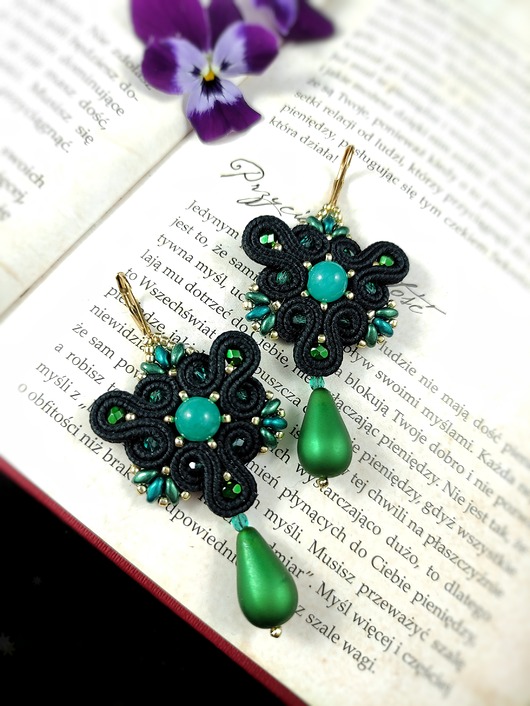 kolczyki soutache Zielona Triada kolczyki sutasz czarne