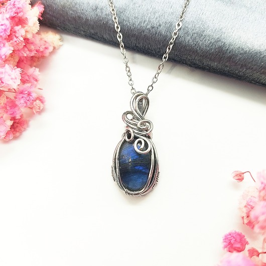 wisiory Naszyjnik Labradoryt Mini stal chirurgiczna wisiorek handmade wirewrapping