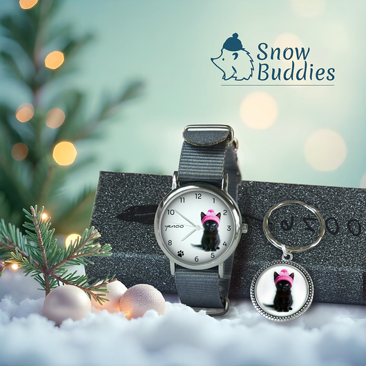 zegarki unisex Zestaw prezentowy - Czarny kotek - zegarek i brelok - nylonowy, szary