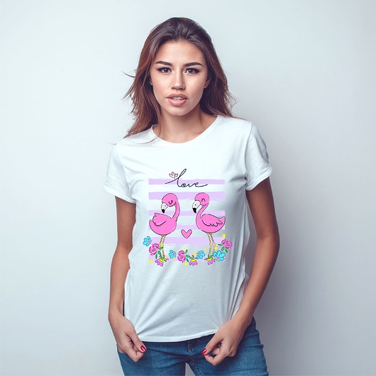 Koszulka damska biała z nadrukiem Flamingi ART ORGANIC