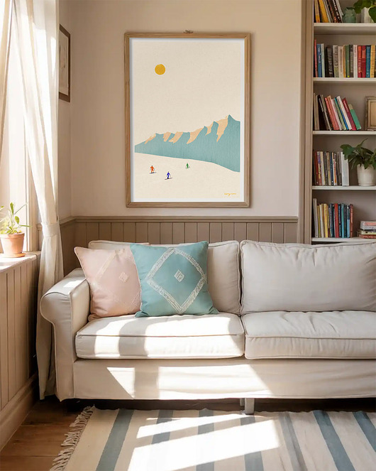 plakaty Narciarze na stoku - panorama z górskimi szczytami - plakat fine art