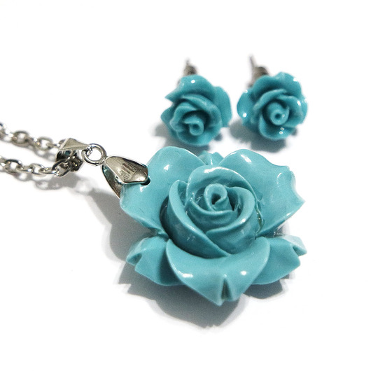 komplet biżuterii Komplet - Turkusowo niebieska róża - koral