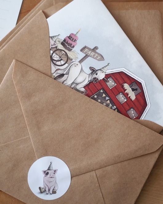 kartki okolicznościowe - wydruki Zaproszenie urodzinowe, rozkładane z kopertą FARMA  Hi Little