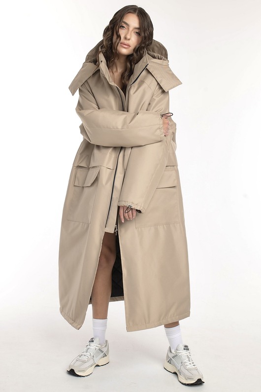 płaszcze damskie Ocieplana Parka Longline Hoodie Oversize Mocca