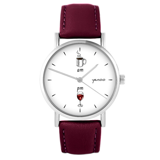 zegarki damskie Zegarek - Kawa i wino - skórzany, burgund