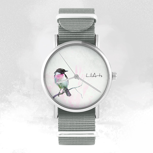 zegarki damskie Zegarek - Ptaszek - szary, nylonowy