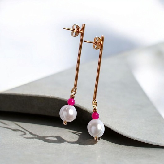 kolczyki z kamieniami Kolczyki FUCHSIA & PEARL collection: perła i agat : długie sztyfty