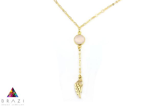 Colare Kwarc Różowy Skrzydło złoto Brazi Druse Jewelry