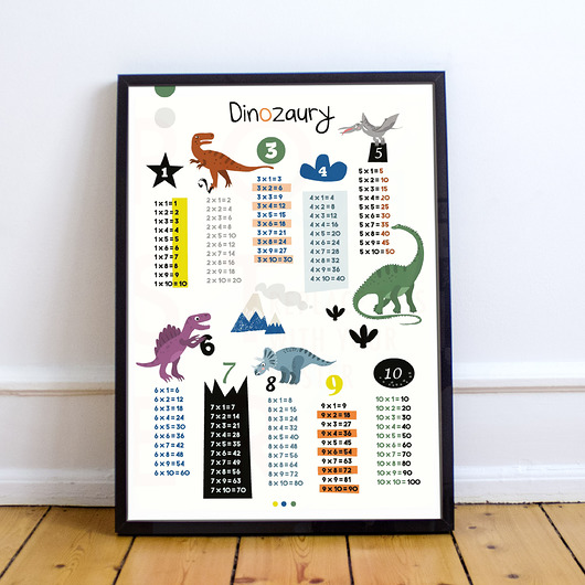 Plakat z tabliczką mnożenia. Dinozaury 2. Sprinkles