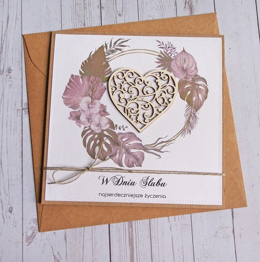 zaproszenia i kartki na ślub Kartka ślubna z życzeniami : MONSTERA boho