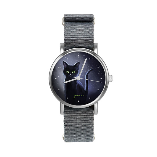 zegarki unisex Zegarek  mały - Czarny kot noc - nylonowy, szary