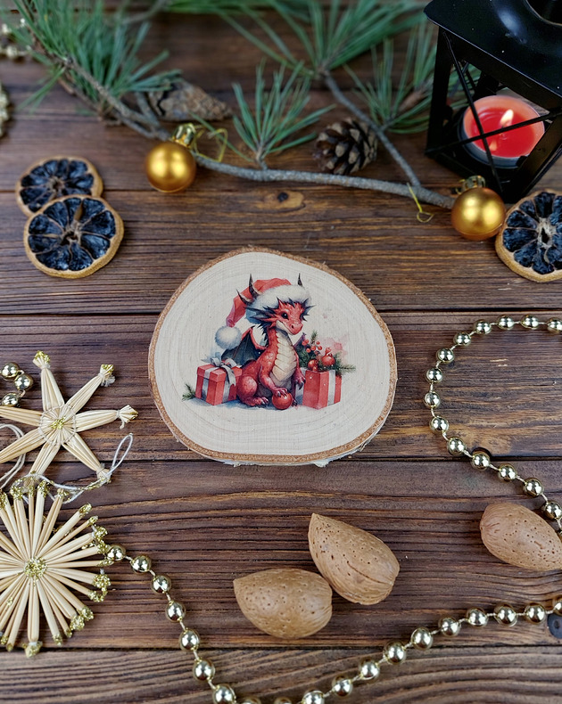 ozdoby choinkowe Brzozowa podkładka pod kubek, świąteczna zawieszka - smok