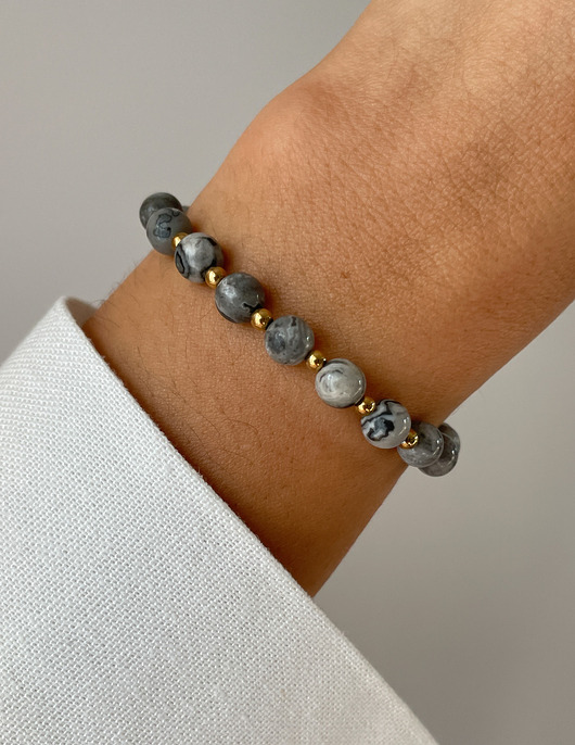 bransoletki z kamieni naturalnych Bransoletka na gumce - Jaspis Szary z Hematytem
