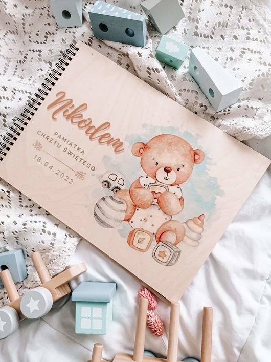 notatniki i albumy MIŚ Z KLOCKAMI album dla chłopca chrzest roczek baby shower