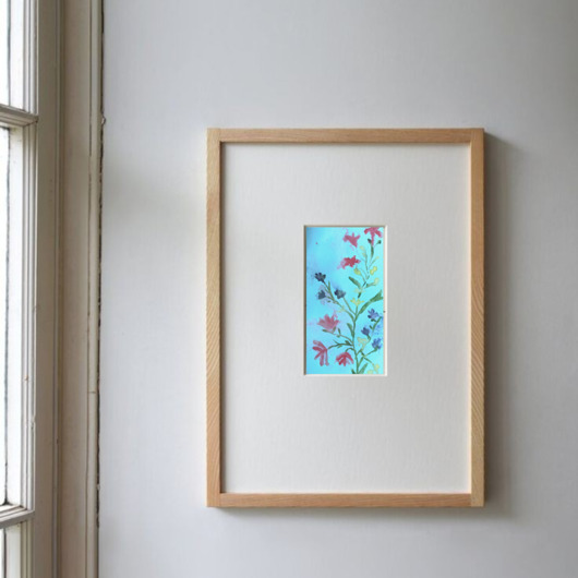 obrazy Akwarela Kwiaty oryginalny obraz niebieski papier 10,5x22 cm
