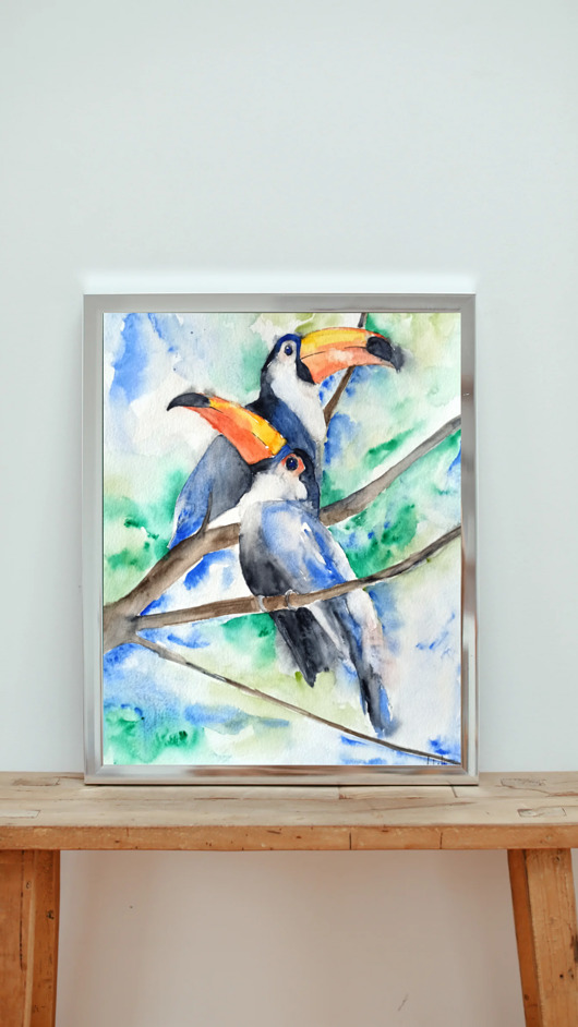 obrazy WYPRZEDAŻ SZTUKI! Akwarela Tukany oryginalny obraz 300g A4 21x30 cm