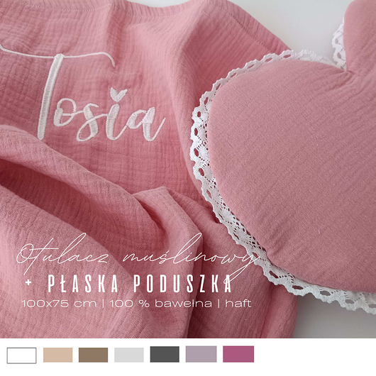 kocyki, kołderki, pościel dla dzieci Muślinowy kocyk otulacz + poduszka  100x75 cm haft  prezent  kolory