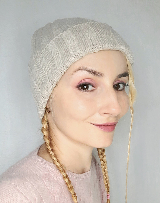 czapki damskie Czapka z kaszmiru100%  mankietowa ecru  kremowa kaszmirowa czapka w prążki