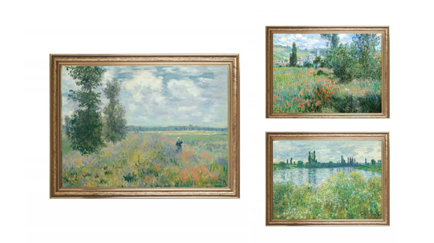 obrazy 3 Obrazki w ramie, Monet sztuka, wiejski krajobraz, łąka