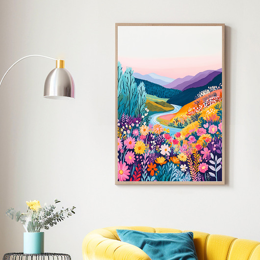 plakaty Plakat Baśniowe góry i łąki w magicznych pastelowych barwach