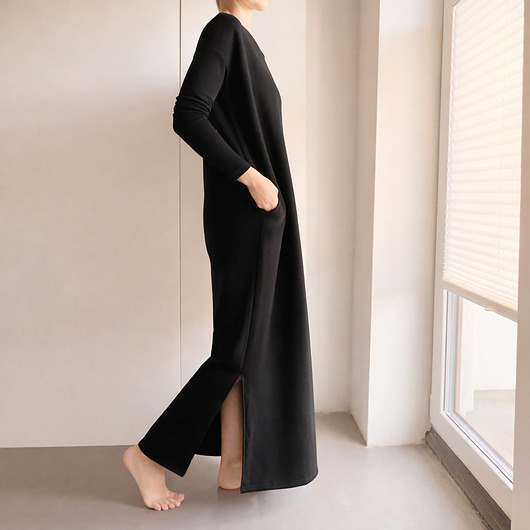 sukienki maxi damskie Sukienka długi rękaw  Czarna z rozporkami