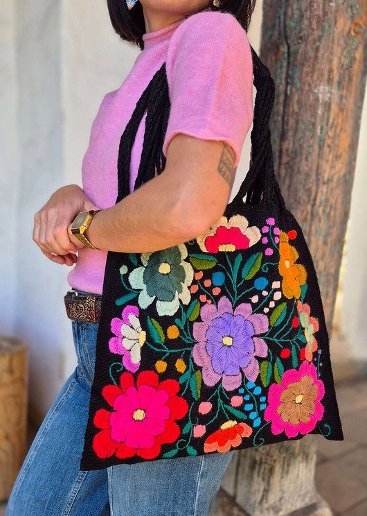 torby na ramię Torba haftowana Bordado kolorowe kwiaty hafty z Meksyku Czarna
