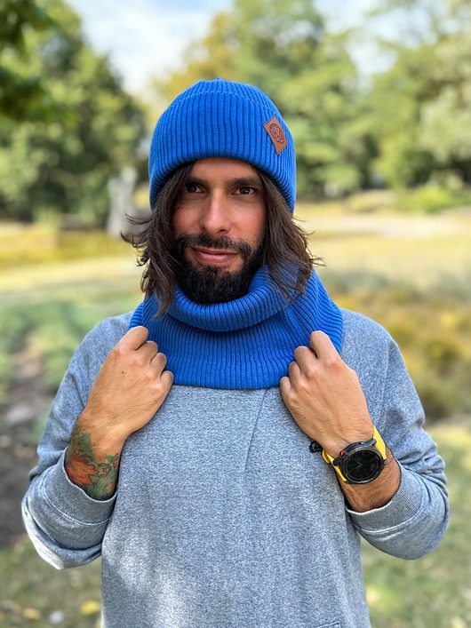 czapki i kapelusze męskie Męska bawełniana czapka beanie logo ekoskórka Niebieski Kobalt